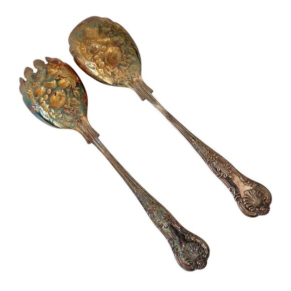 Raimond Sheffield England Serving Salad Spoon Fork Silver Plate Kings Fruit Vtg. - Picture 6 of 16